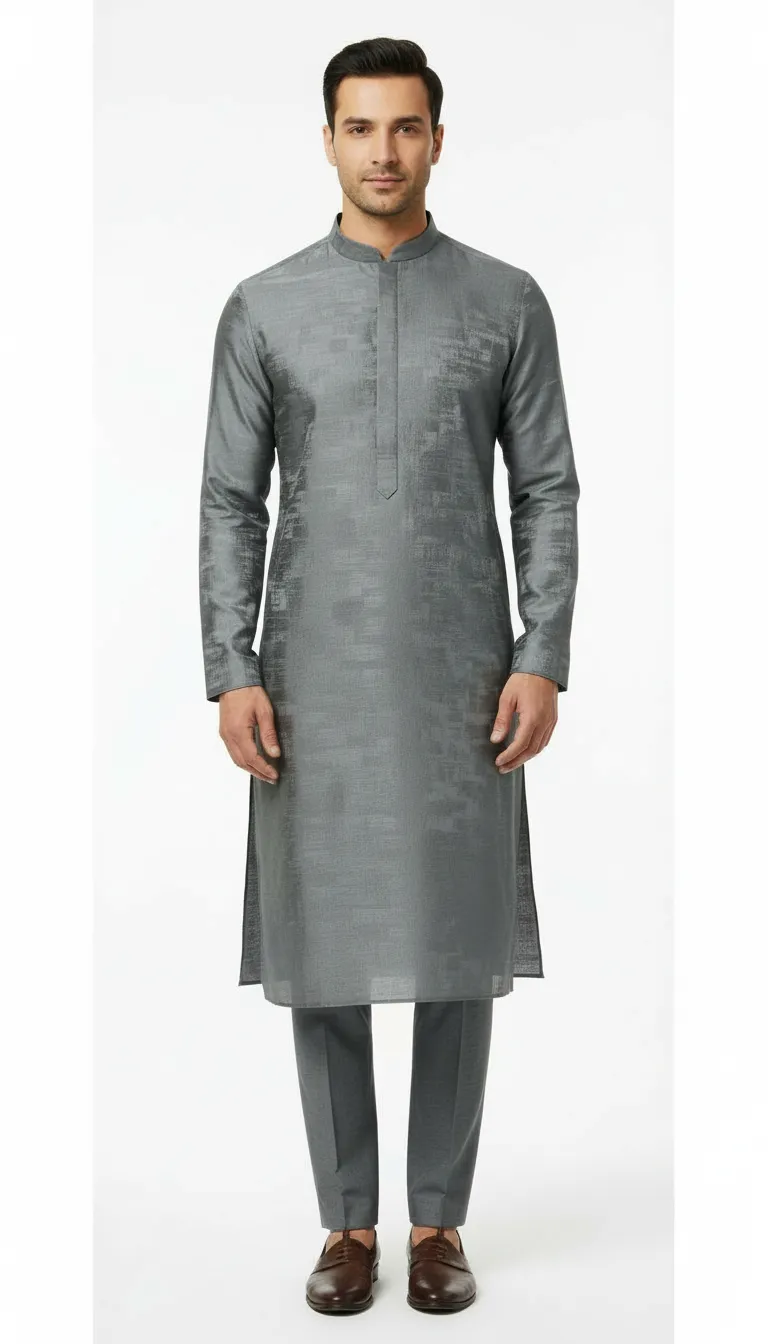 Mens Designer Gray Kurta paired with pant pajama  view 4