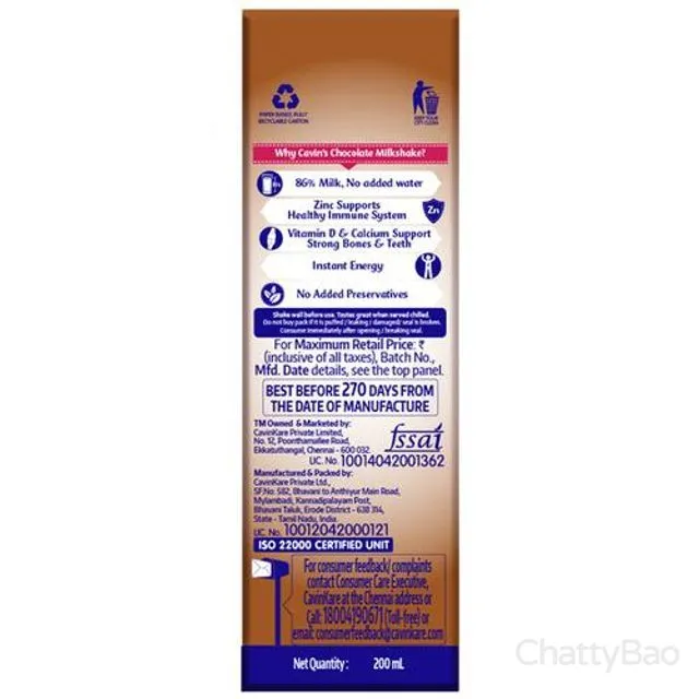 Cavins Chocolate Milkshake 200 ml view 2