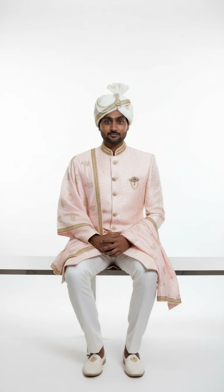 Mens Wedding Light Pink Sherwani view 2