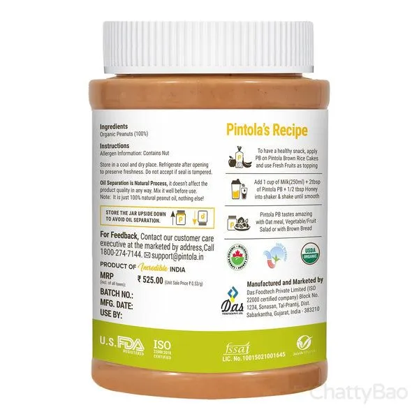 Pintola Organic Peanut Butter Crunchy 1 Kg view 3