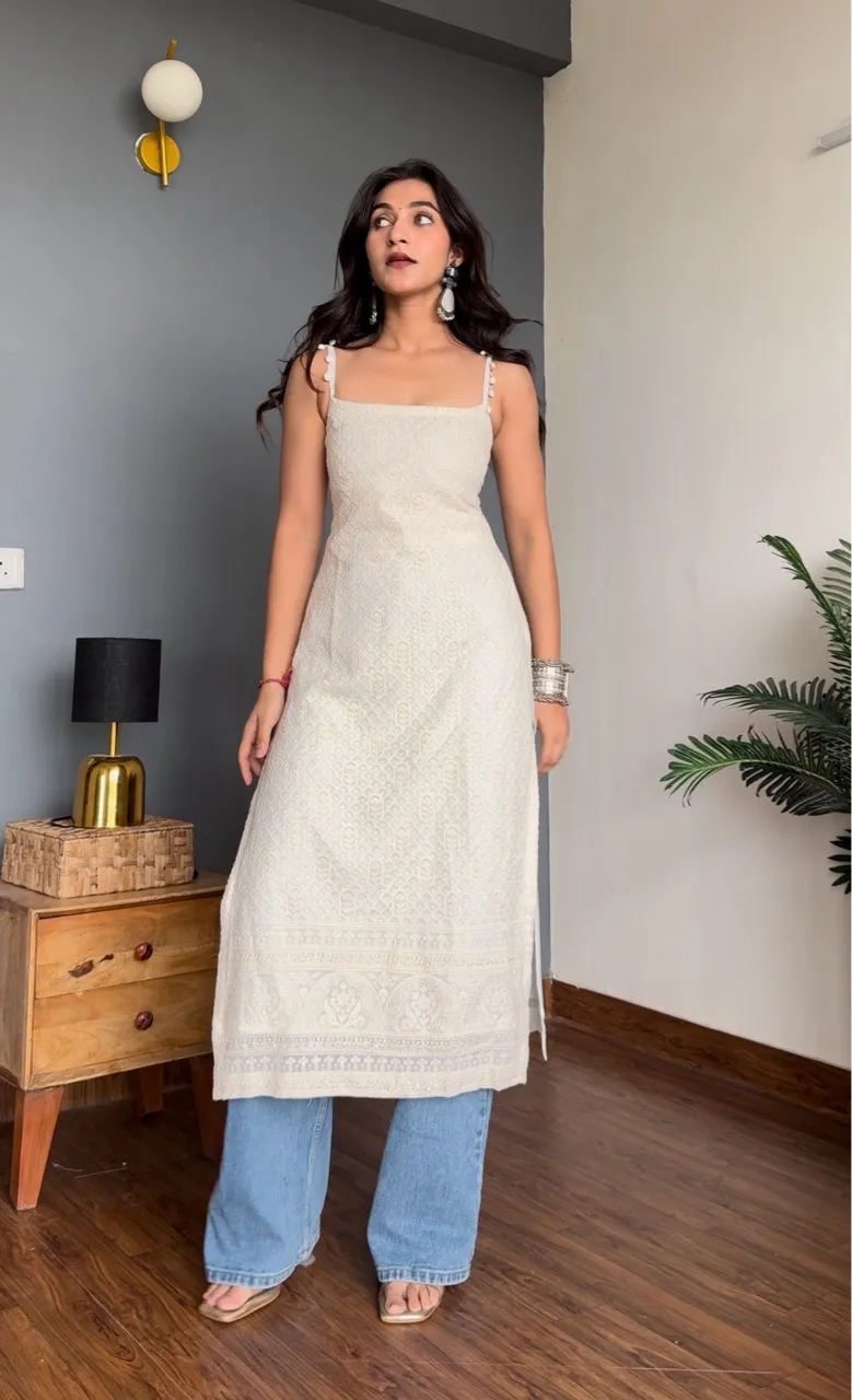 Long Chikankari Kurti- White view 2