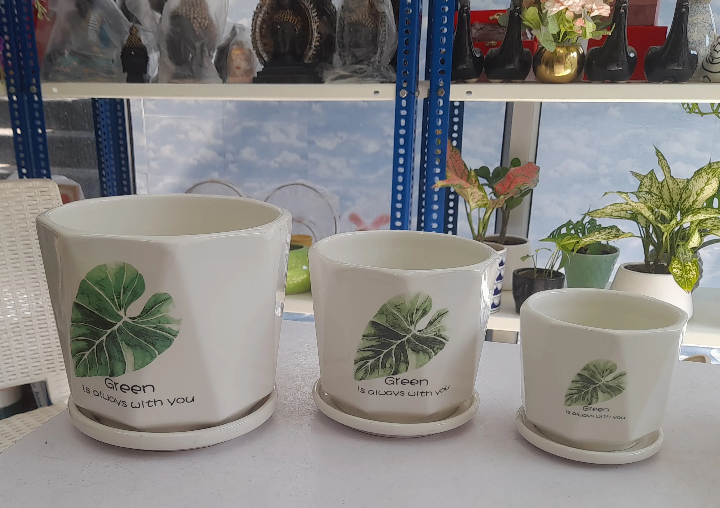 Importef Ceramic Green Leaf Planters Set Of 3 NOS  6", 5" & 4"H view 2