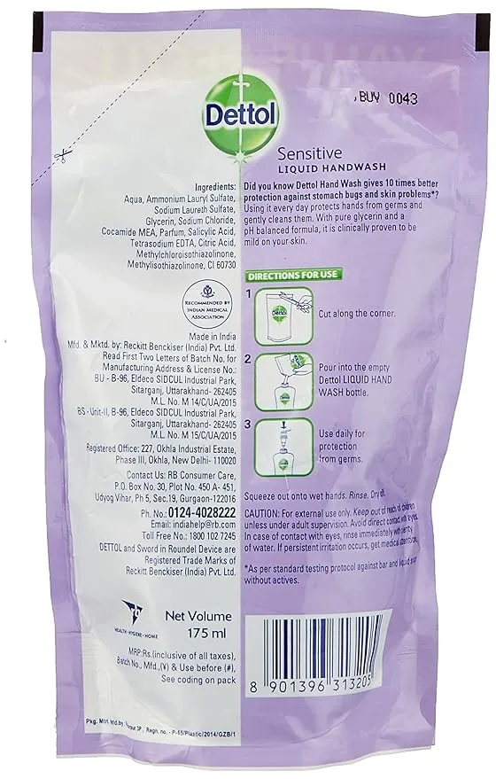 Dettol Sensitive Handwash Refill (Pack of 3 x 175 ml each) view 2