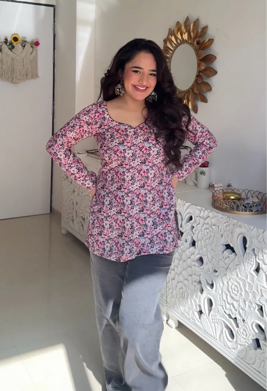Black Floral Print Woolen Kurti view 3
