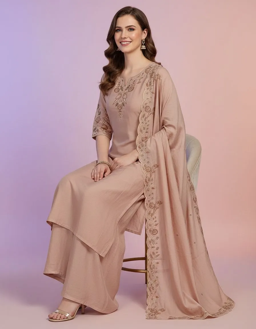 Embroidered Beige Kurti Set view 2