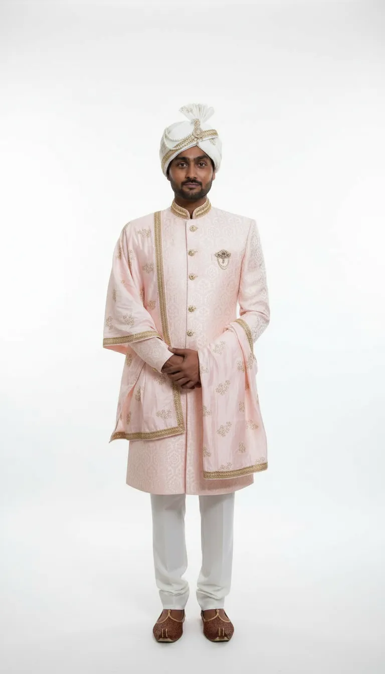 Mens Wedding Light Pink Sherwani view 5