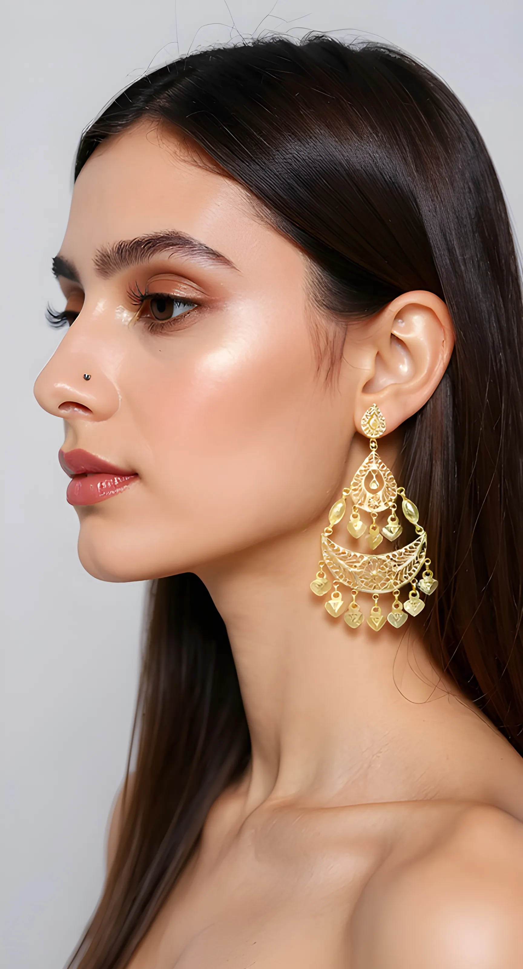 Golden Filigree Chandbali Earrings view 2