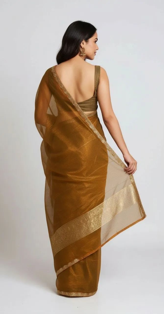 Elegant Plain Shimmer Saree with Golden Border – Available in Multiple Colours view 5