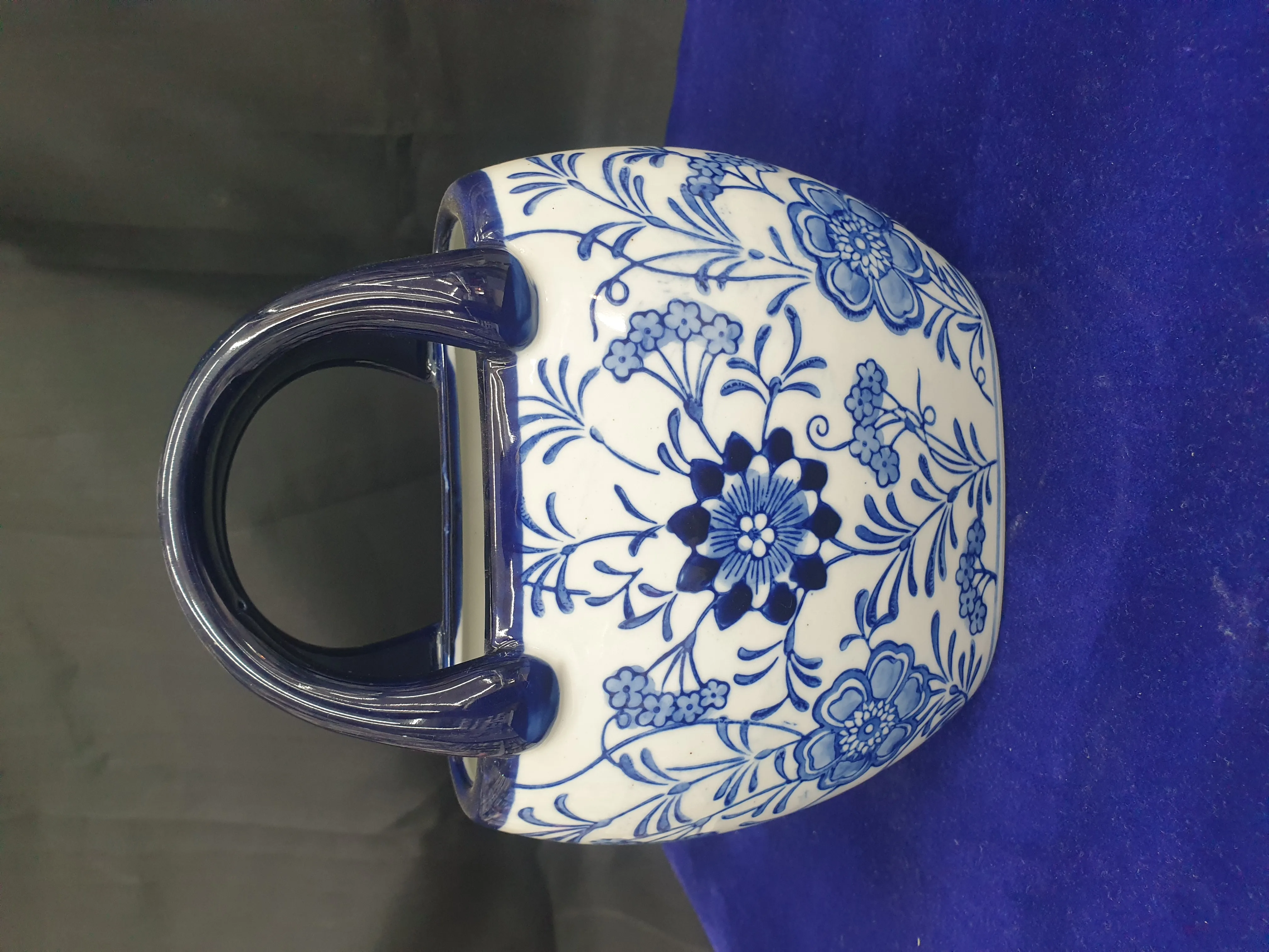 Ceramic Floral Blue Pot With Handel view 2