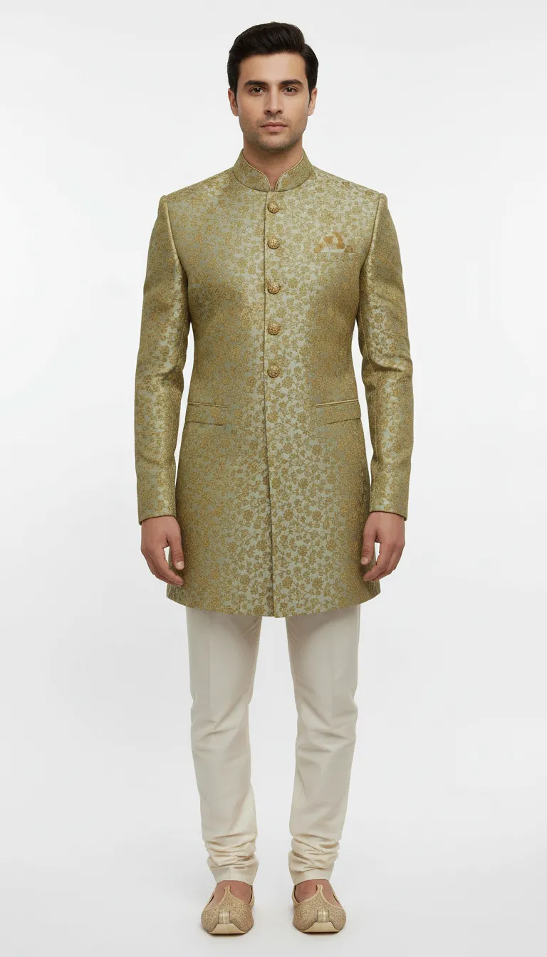 Mens Designer Gold Jacquard Sherwani view 4