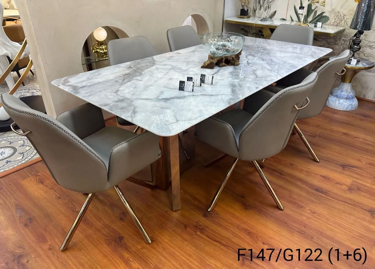 Glass Top Marble Dining Table Six Seater