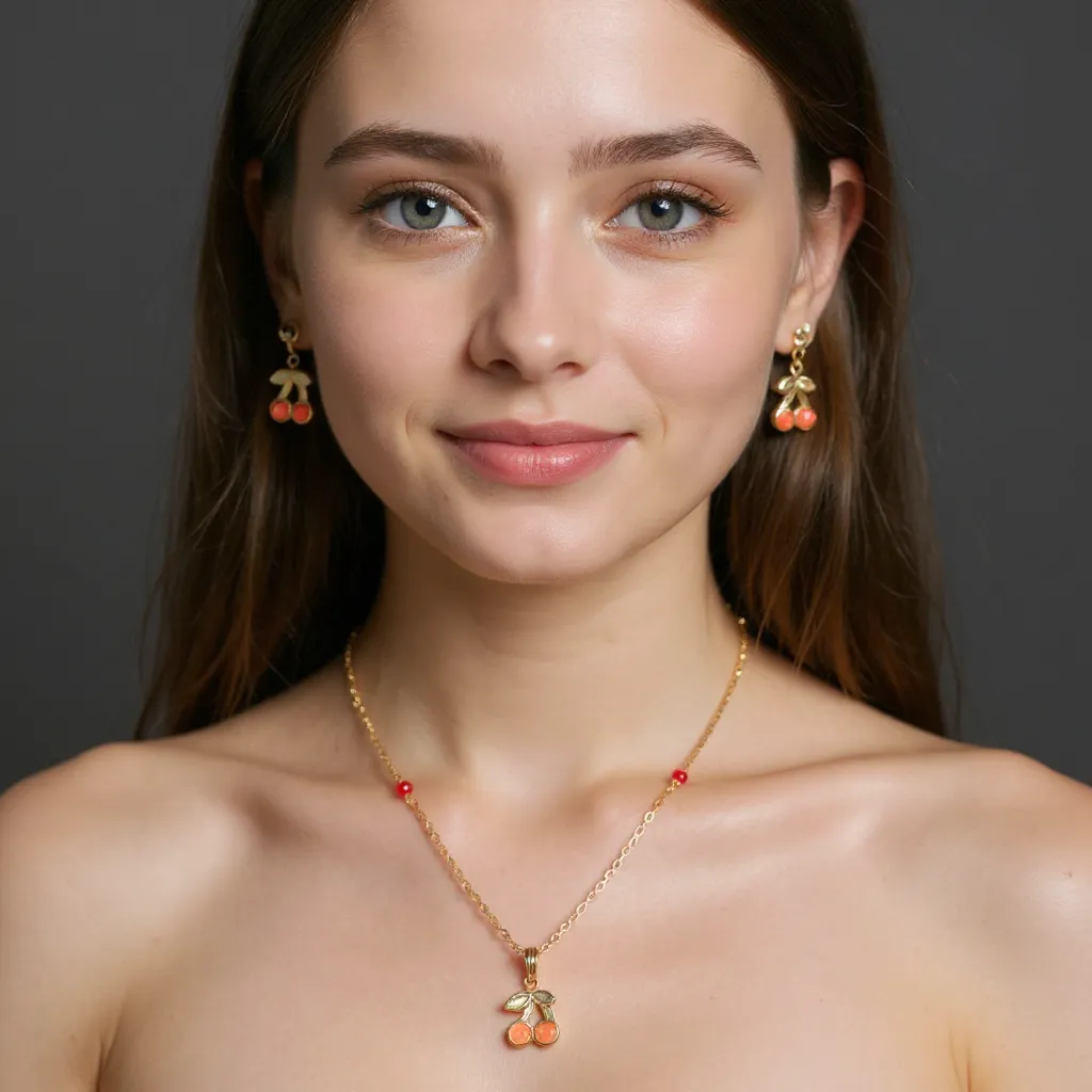 Cherry & Red Stone Rose Gold Necklace Set view 2