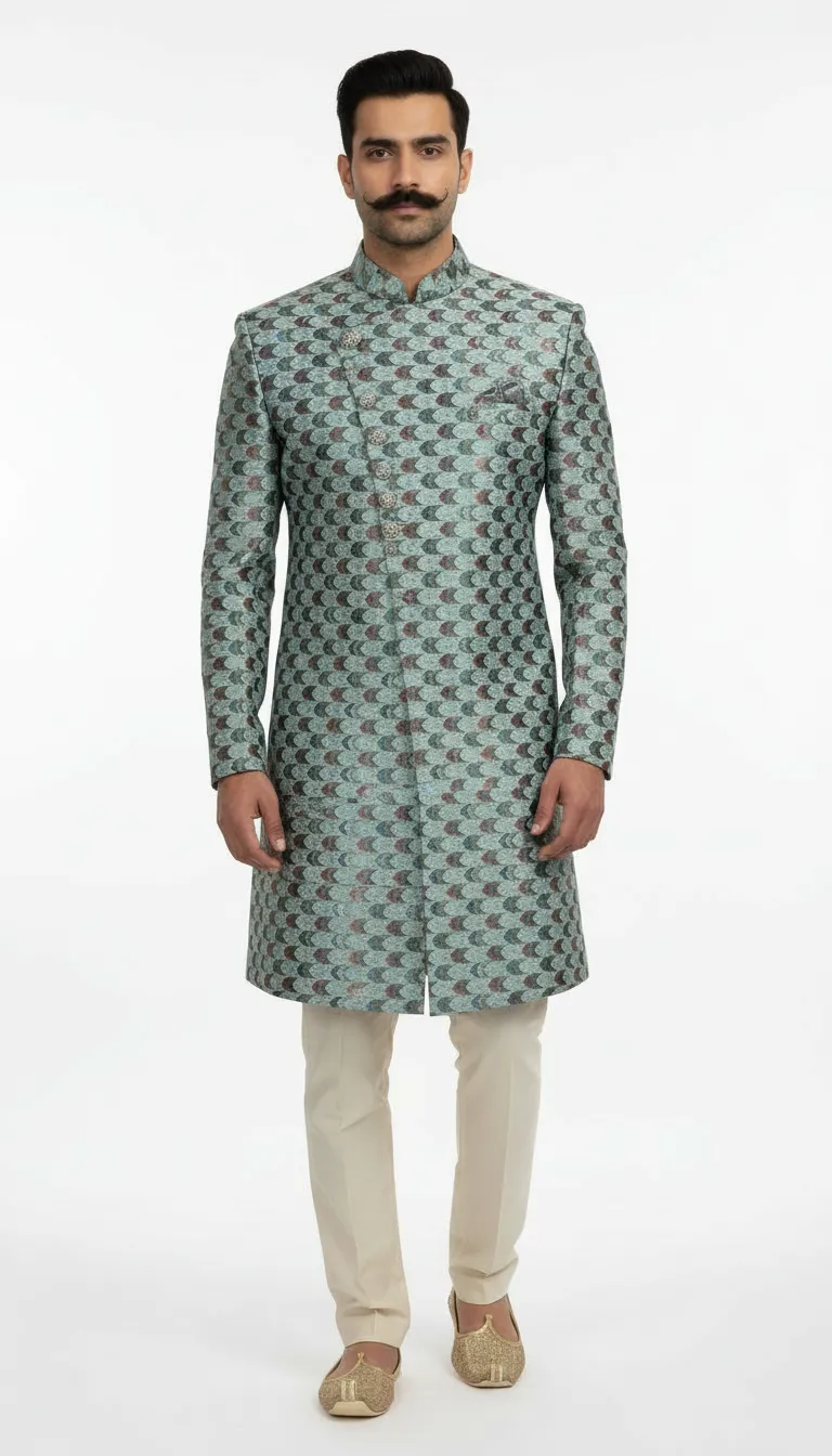 Designer Zari Work Embroidered Sherwani / Indo view 2
