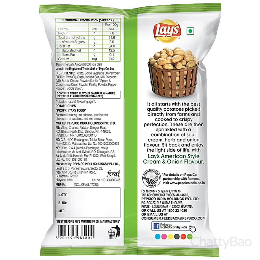 Lays Potato Chips - American Style Cream & Onion 90 g view 2