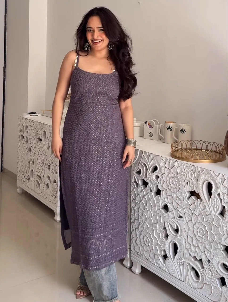 Long Chikankari Kurti - Grey view 2