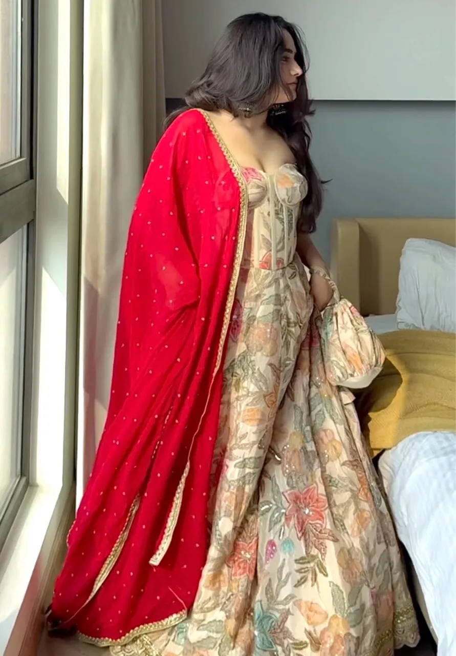 'Gulzar' Corset Lehenga- Beige view 2
