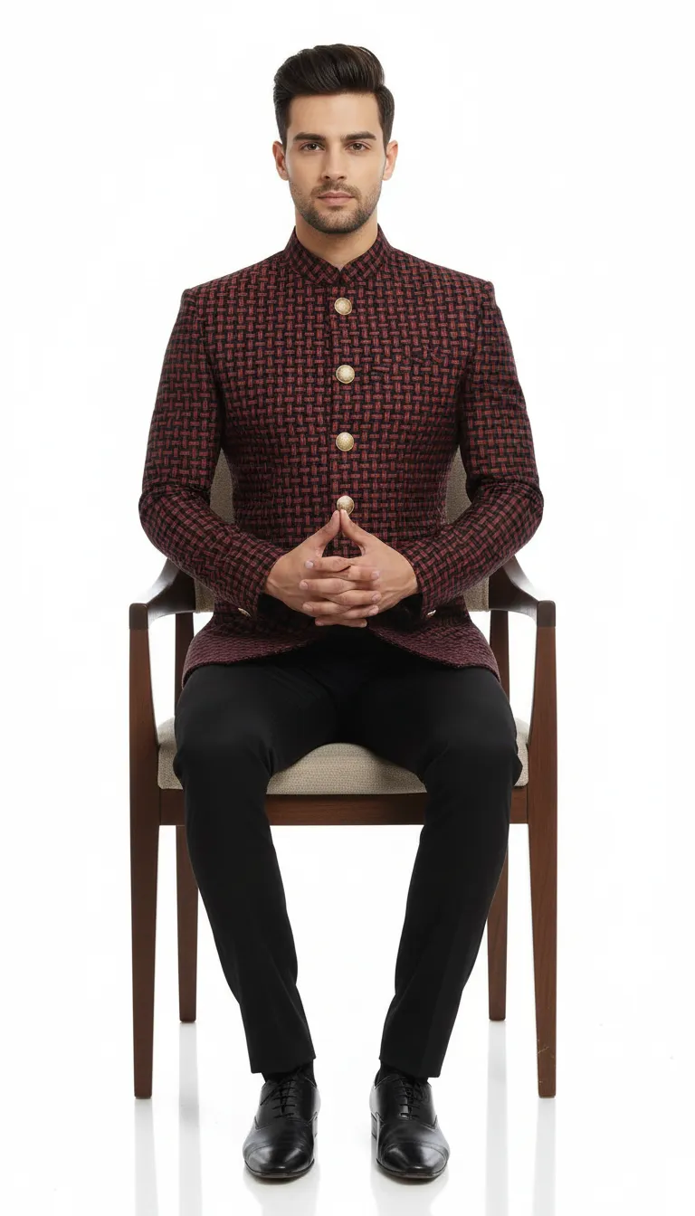 Designer Red Black Bandhgala Jacket Set view 3
