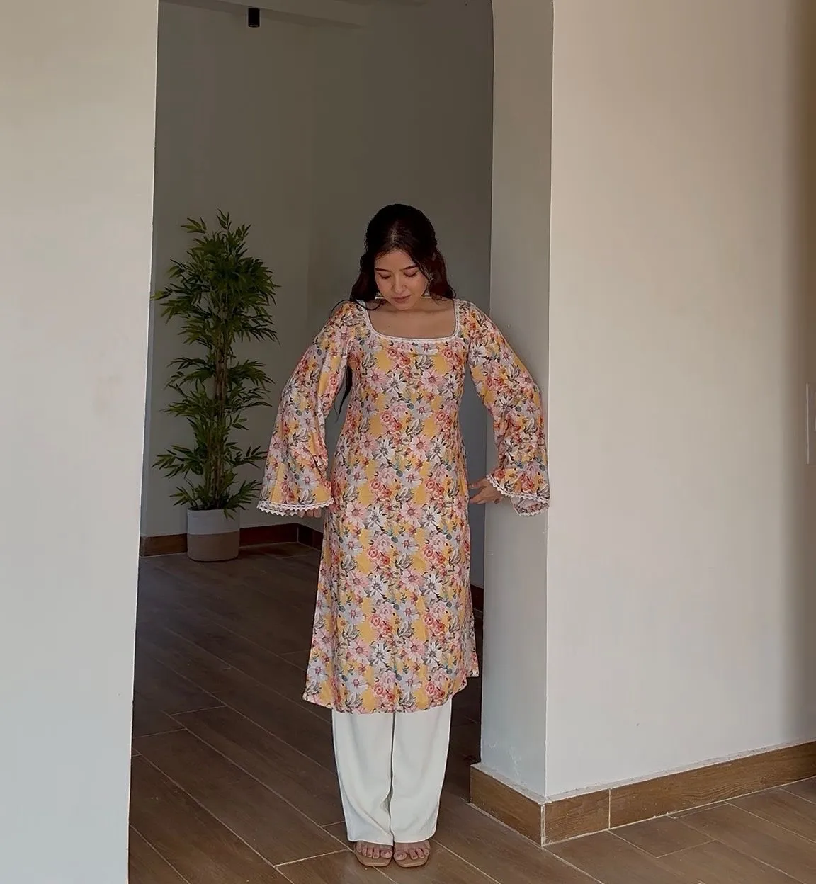 Floral Lace Trim Woolen Kurti - Yellow view 4