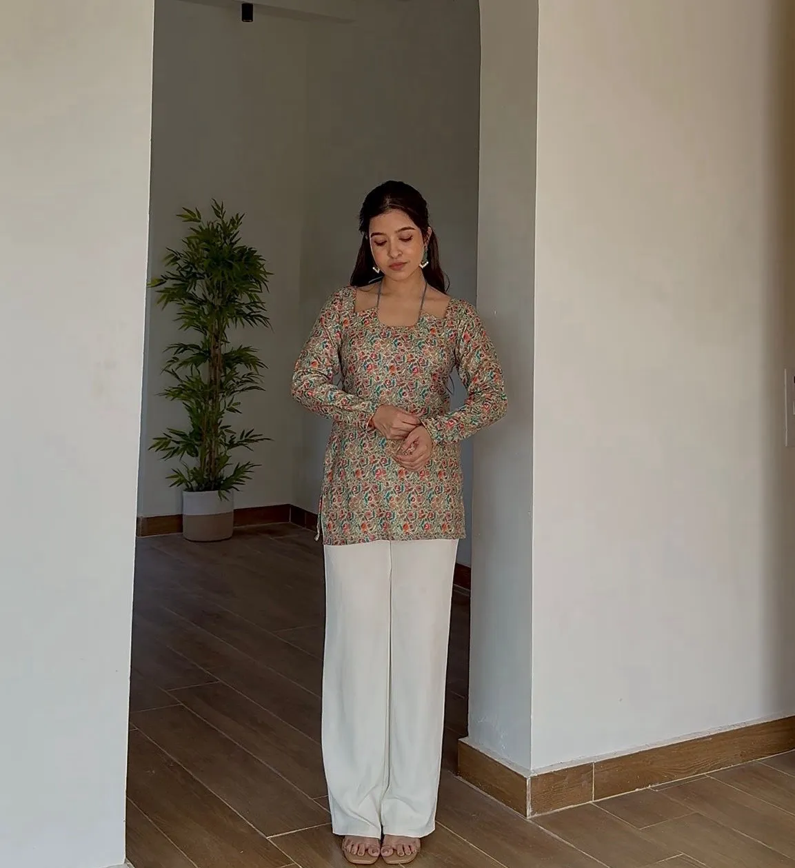 Green Floral Halter Neck Woolen Kurti view 5