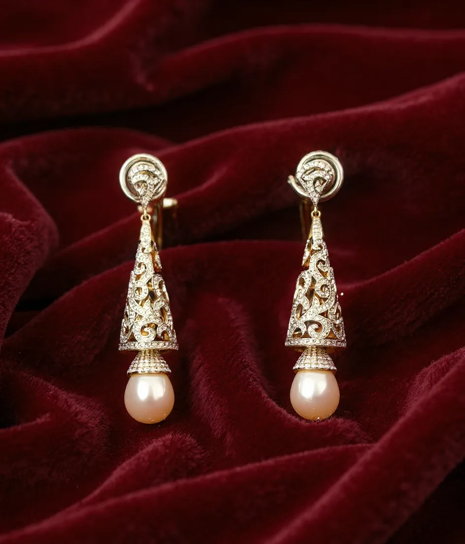 Gold and Diamond  Pearl Drop Earrings view 2