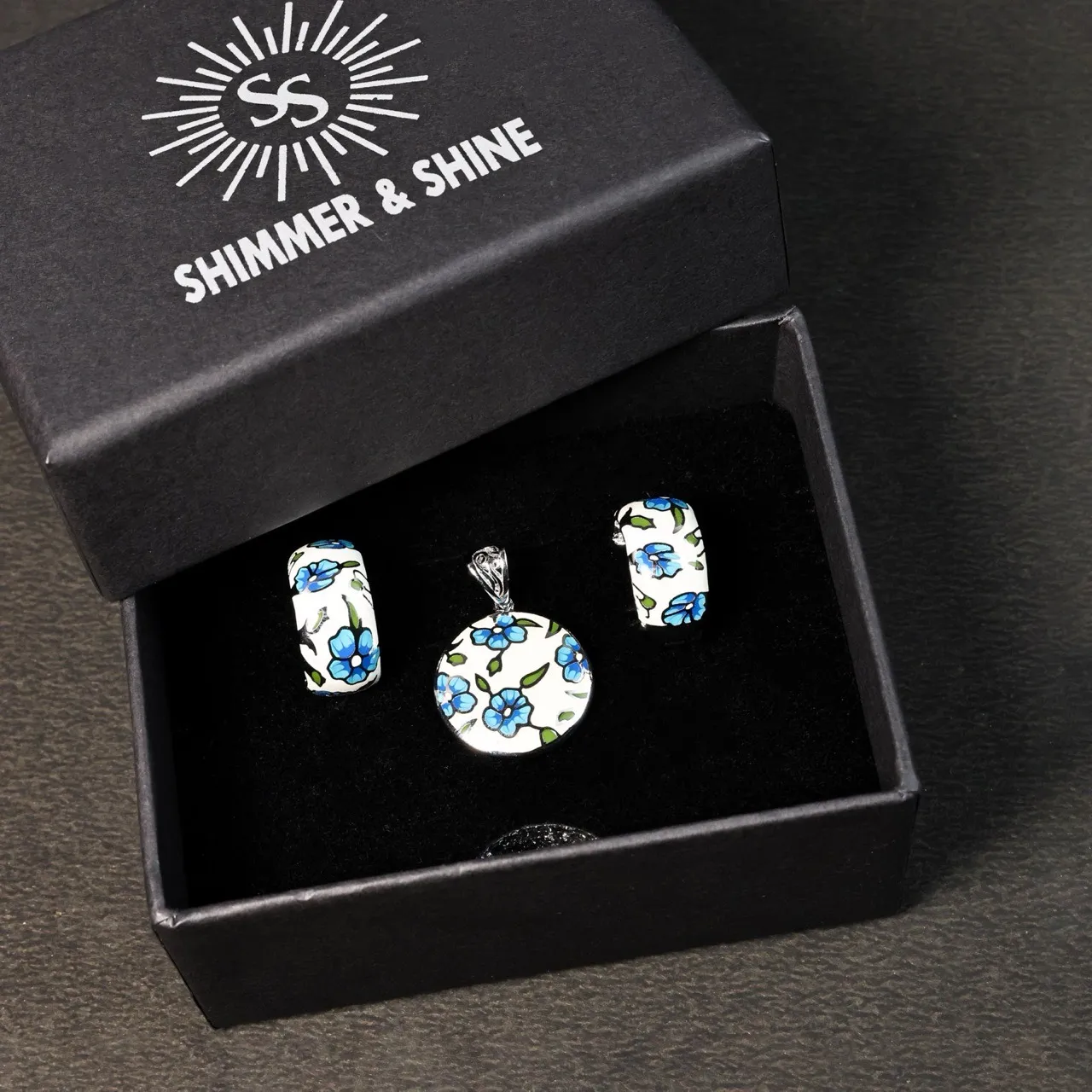 Italian Floral Pendant Earrings Set with Ring