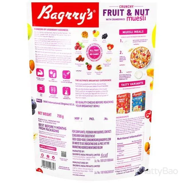 Bagrrys Crunchy Muesli - 30% Fruit & Nut with Cranberries 750 g view 2