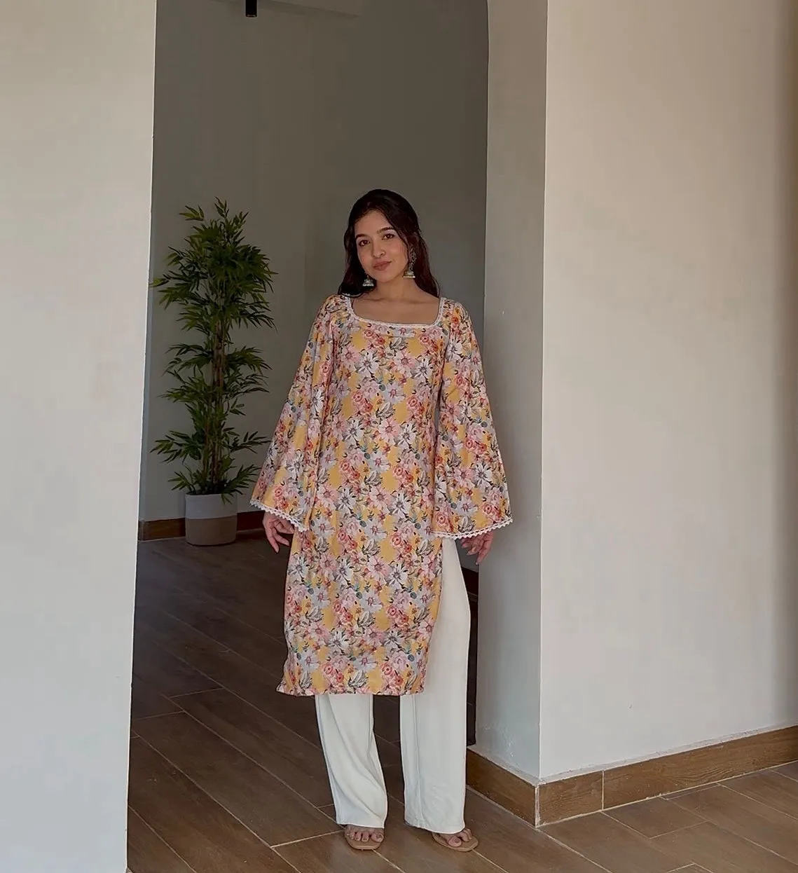 Floral Lace Trim Woolen Kurti - Yellow view 3