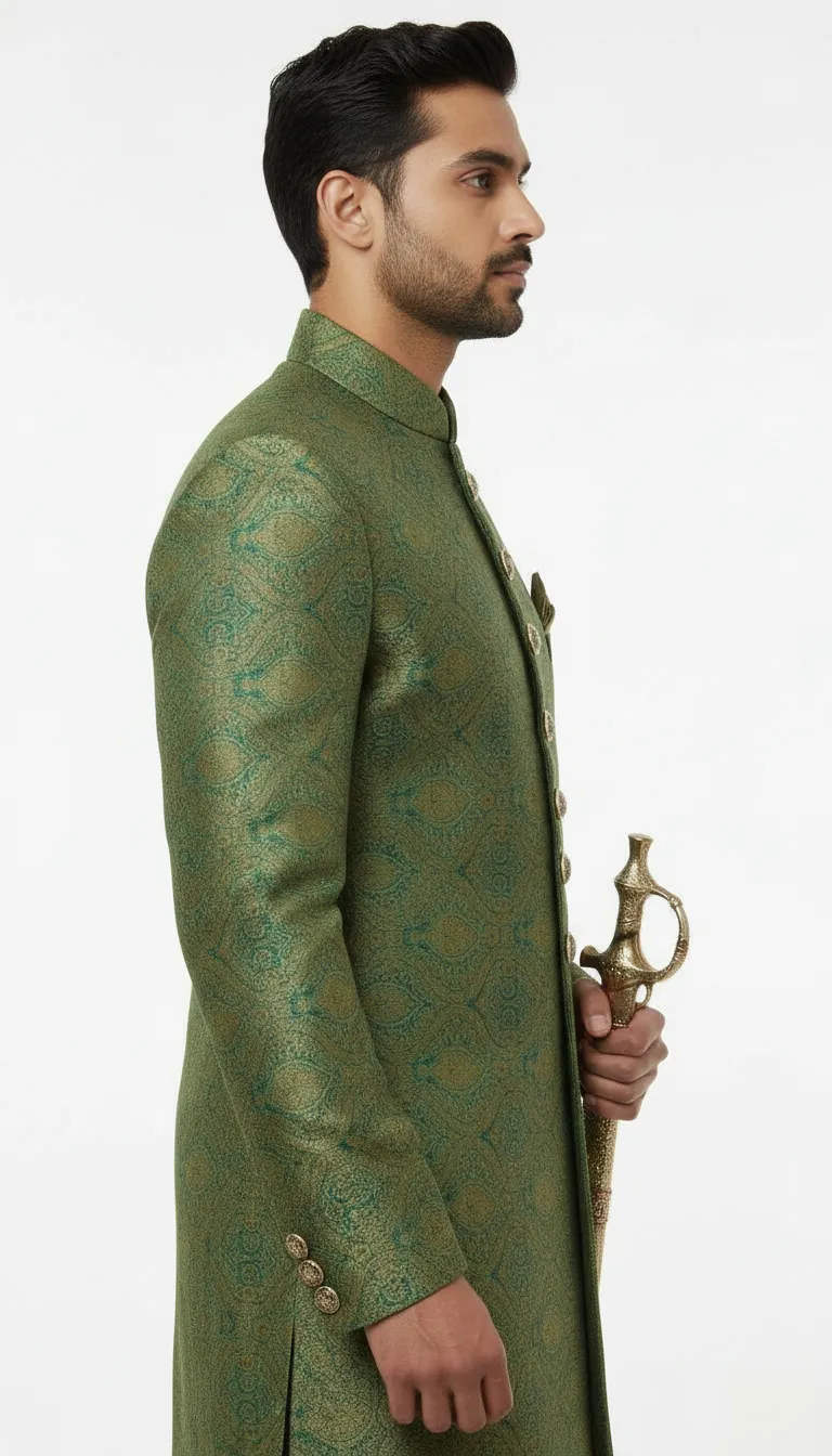 Designer Embroidered Green Sherwani view 2