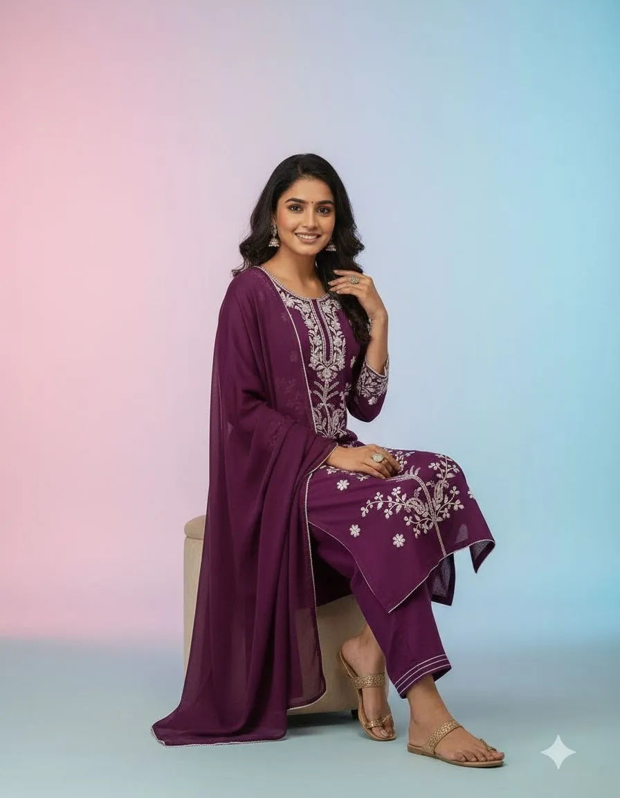 Purple Embroidered Kurta Set view 2