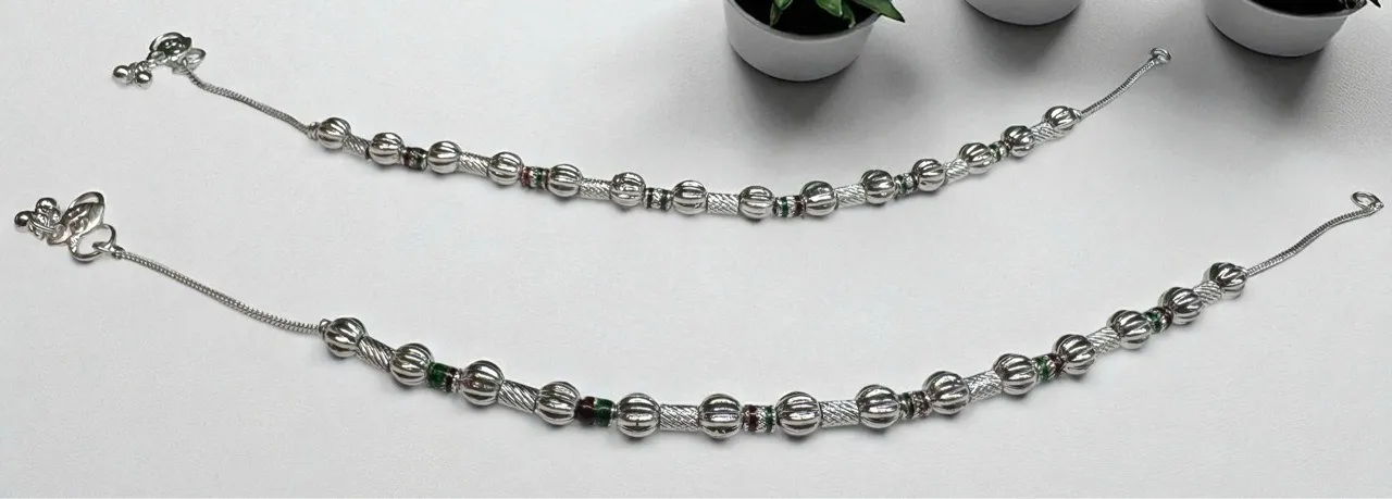 Silver Plated Beaded Anklet With Full Meena G007 view 3