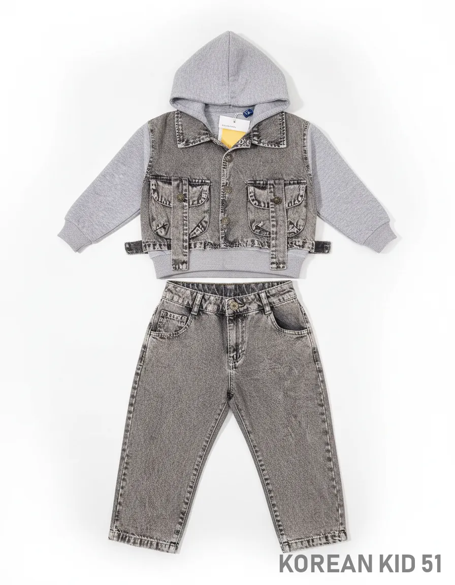 Denim Overalls with Grey Hoodie view 2
