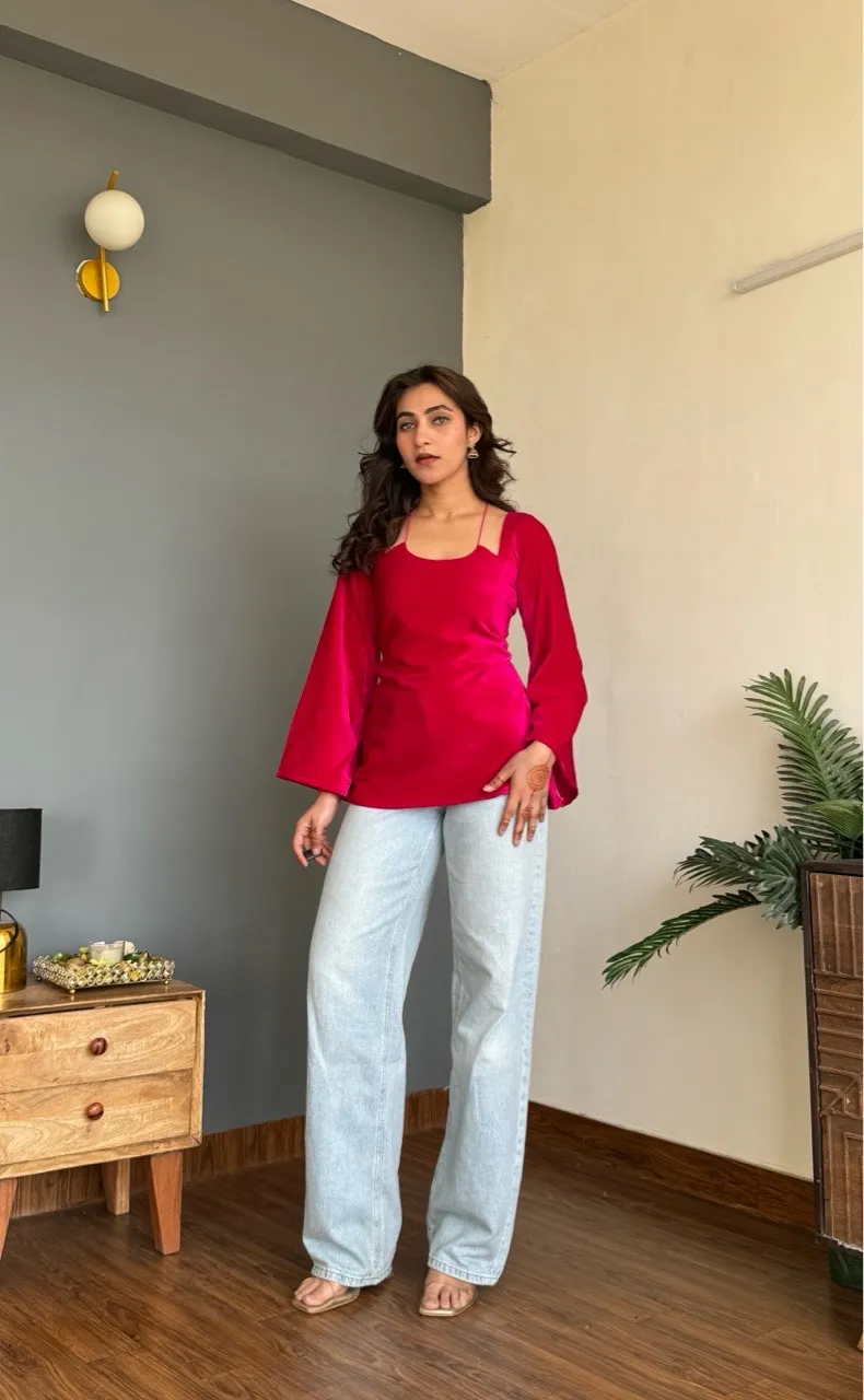 Velvet Halter Neck Kurti - Pink view 2