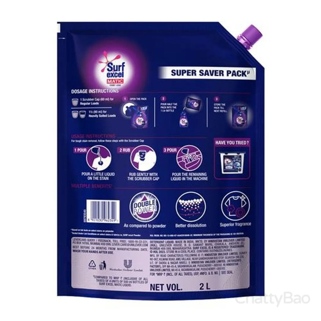 Surf Excel Matic Liquid Detergent Front Load Pouch 2 L view 2