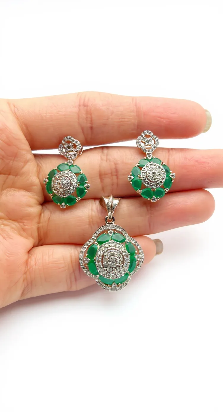 Emerald and Diamond Earrings and Pendant Set view 2