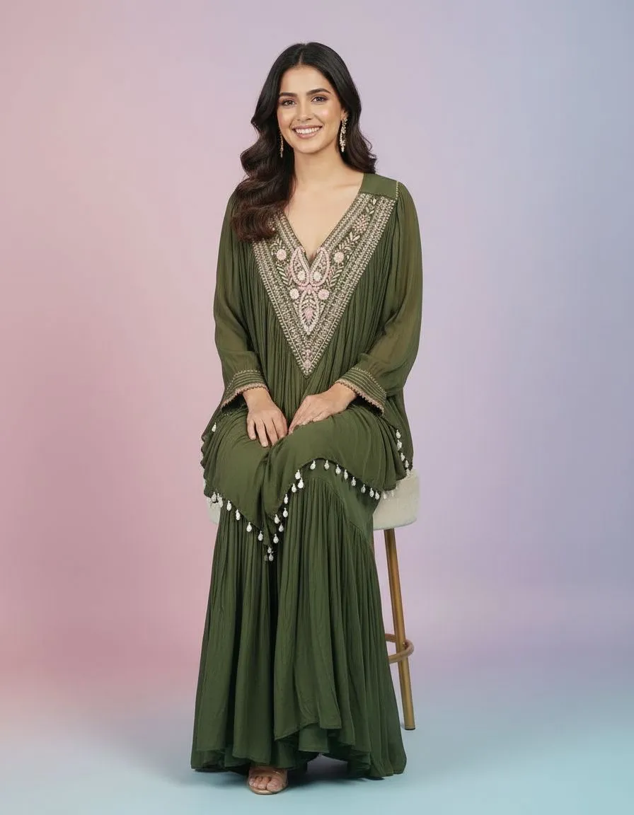 Embroidered Olive Green Maxi Dress view 2