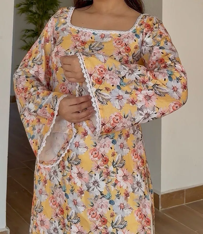 Floral Lace Trim Woolen Kurti - Yellow