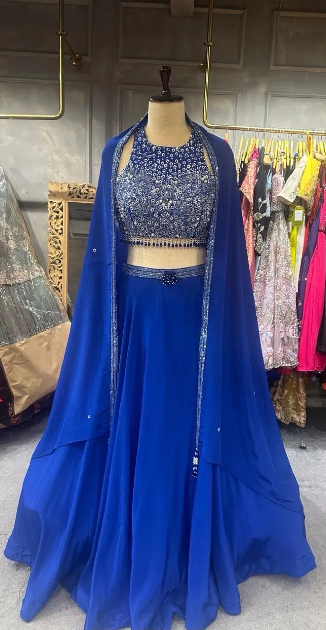 Blue Embellished Lehenga view 2