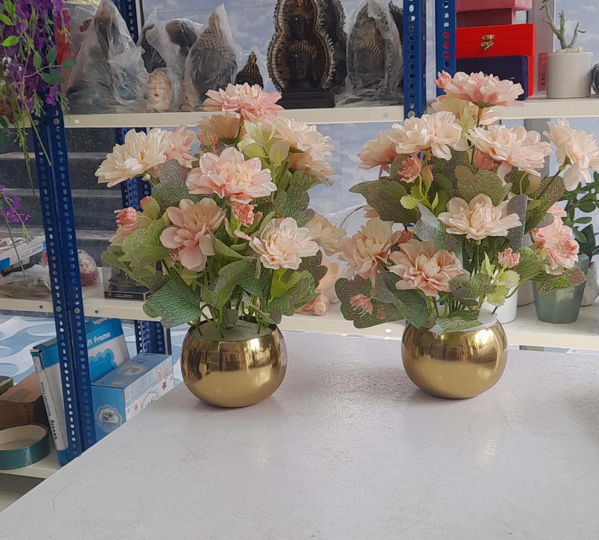 Gold Vase with Soft Pink Artificial Flowers Set Of 2 Nos view 2