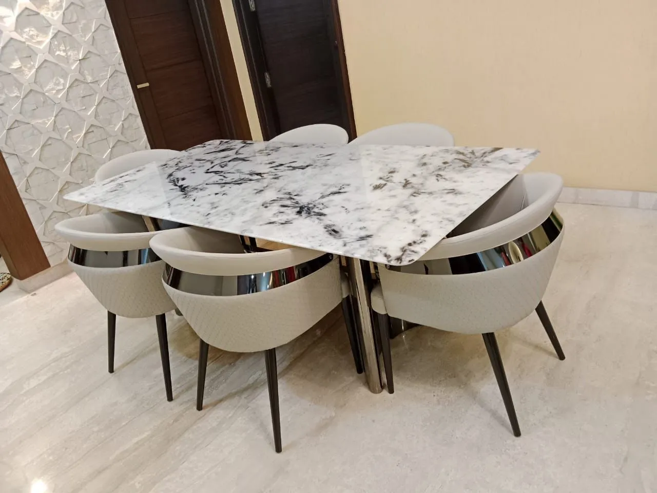 Glass Marble Material Six Seater Dining Table