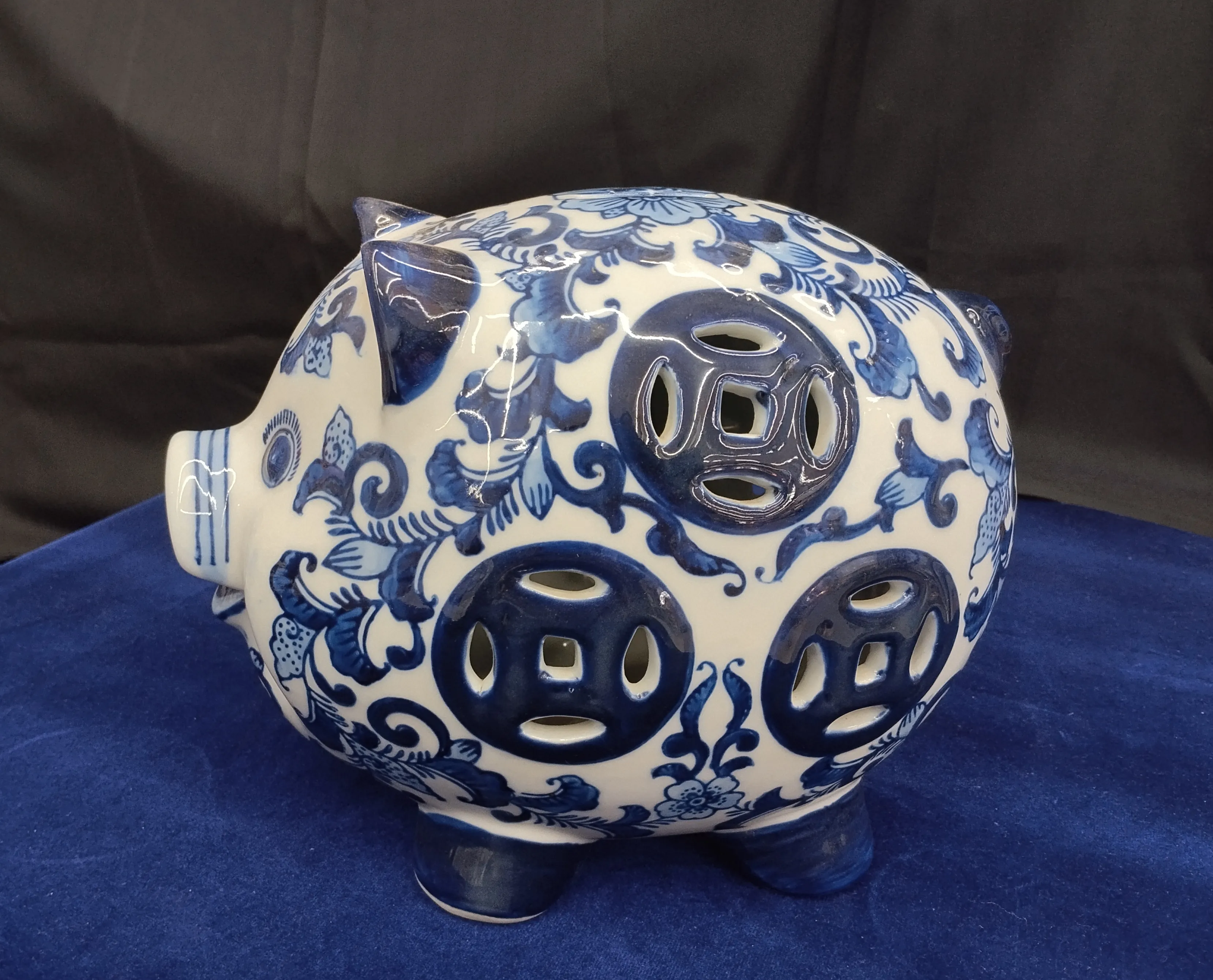 Blue and White Ceramic Piggy Bank view 2