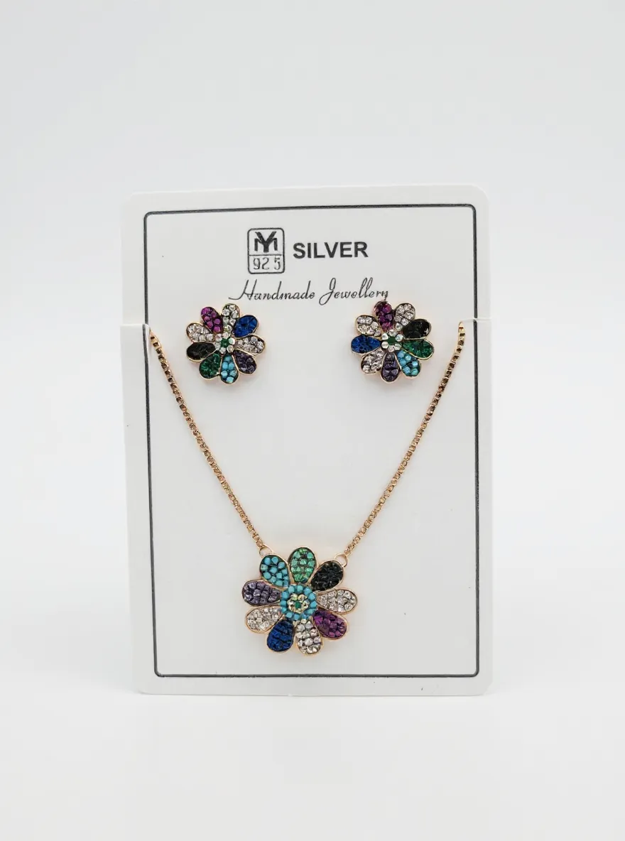 MZ Silver Floral Pendant and Earrings Set view 2