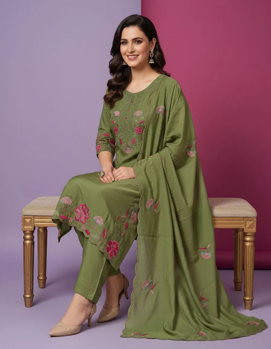 Green Embroidered Kurta Set view 2
