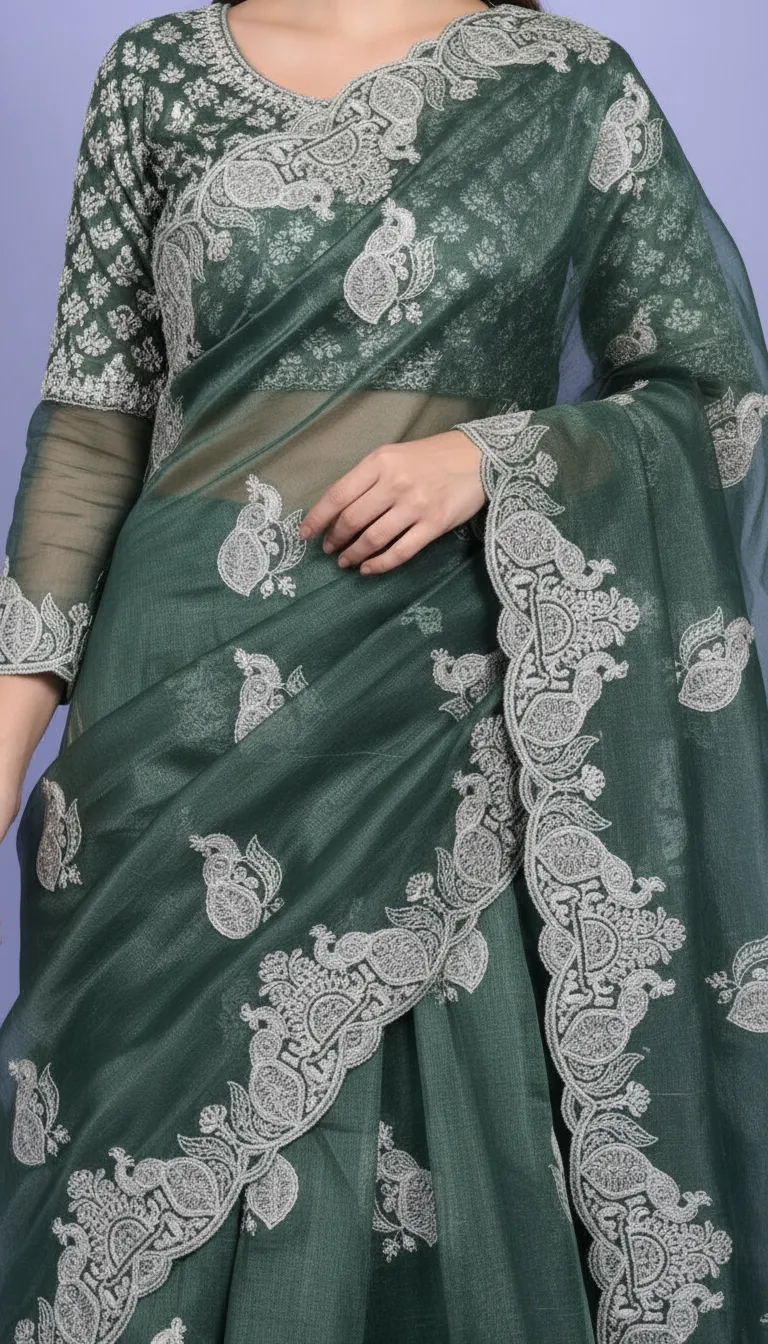Embroidered Green Saree view 3