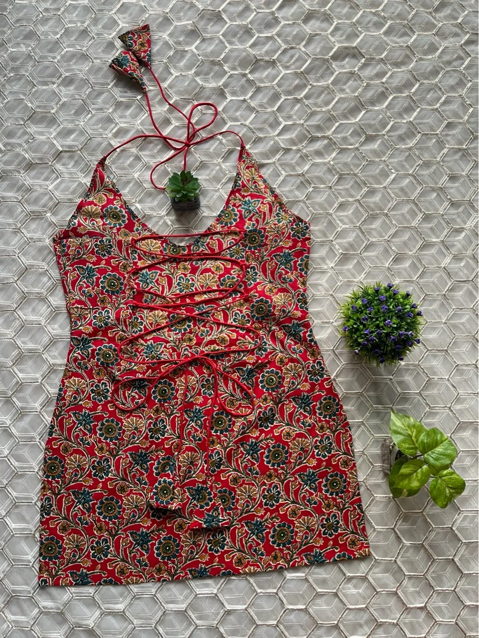 Floral Halter Neck Kurti - Red view 4