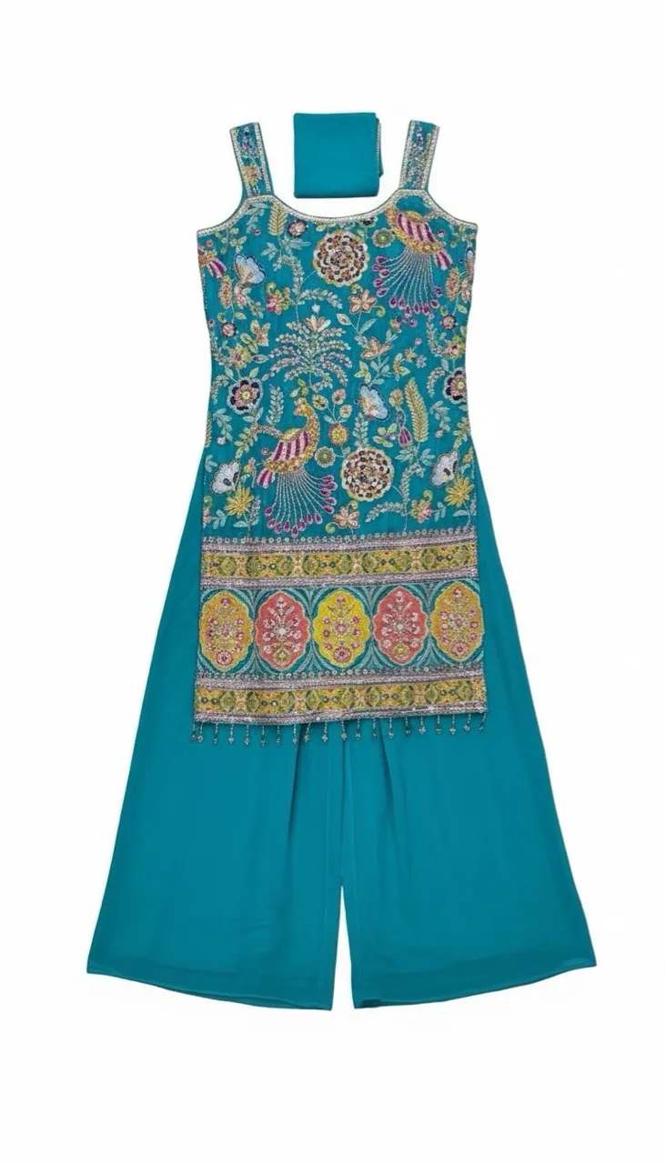 Embroidered Teal Palazzo Suit view 2