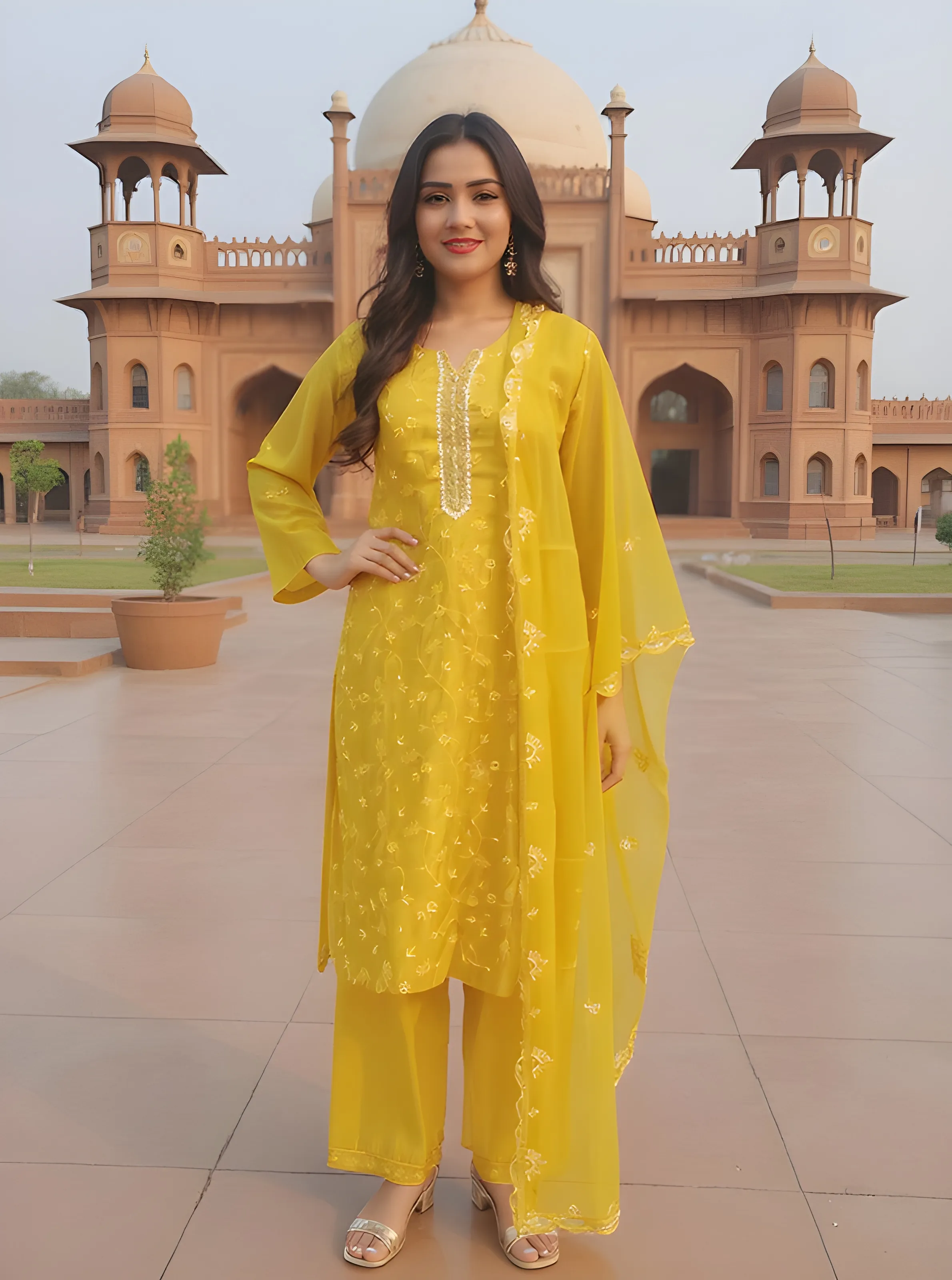Karigari Yellow Embroidered Salvar Suit view 2