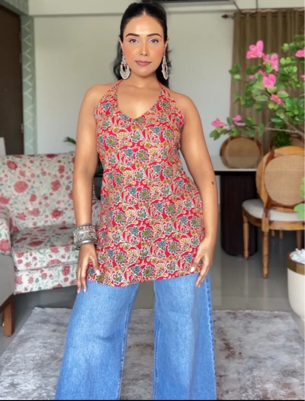 Floral Halter Neck Kurti - Red view 2