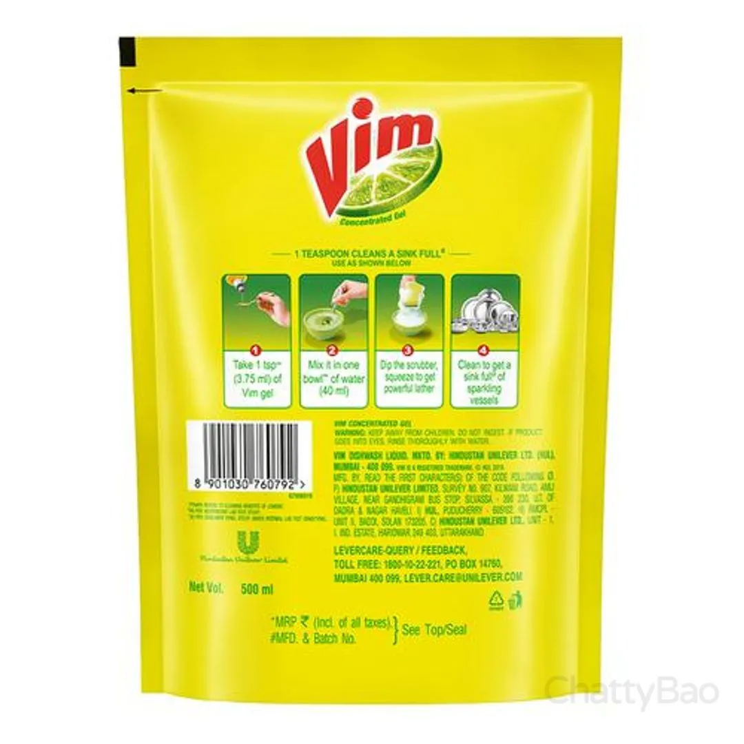 Vim Dishwash Liquid Refill - Lemon 500 ml view 2