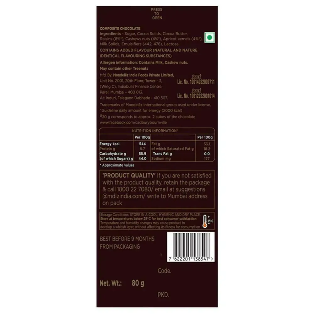 Cadbury Bournville Raisin & Nut Dark Chocolate 80 g view 2