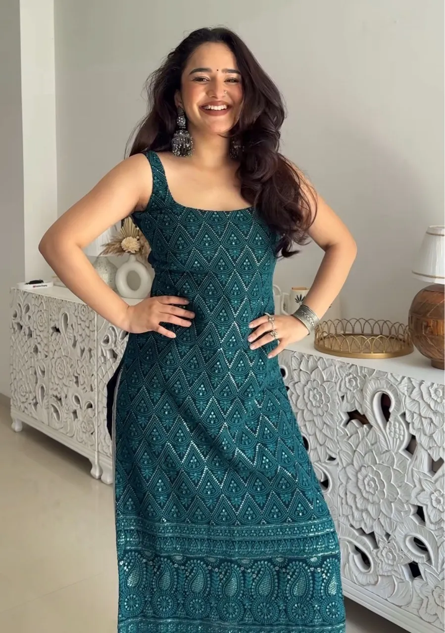 Long Chikankari Kurti- Teal view 2